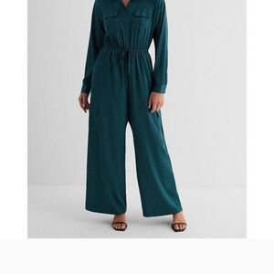 Button Front Tie Waist Wide Leg Cargo Jumpsuit